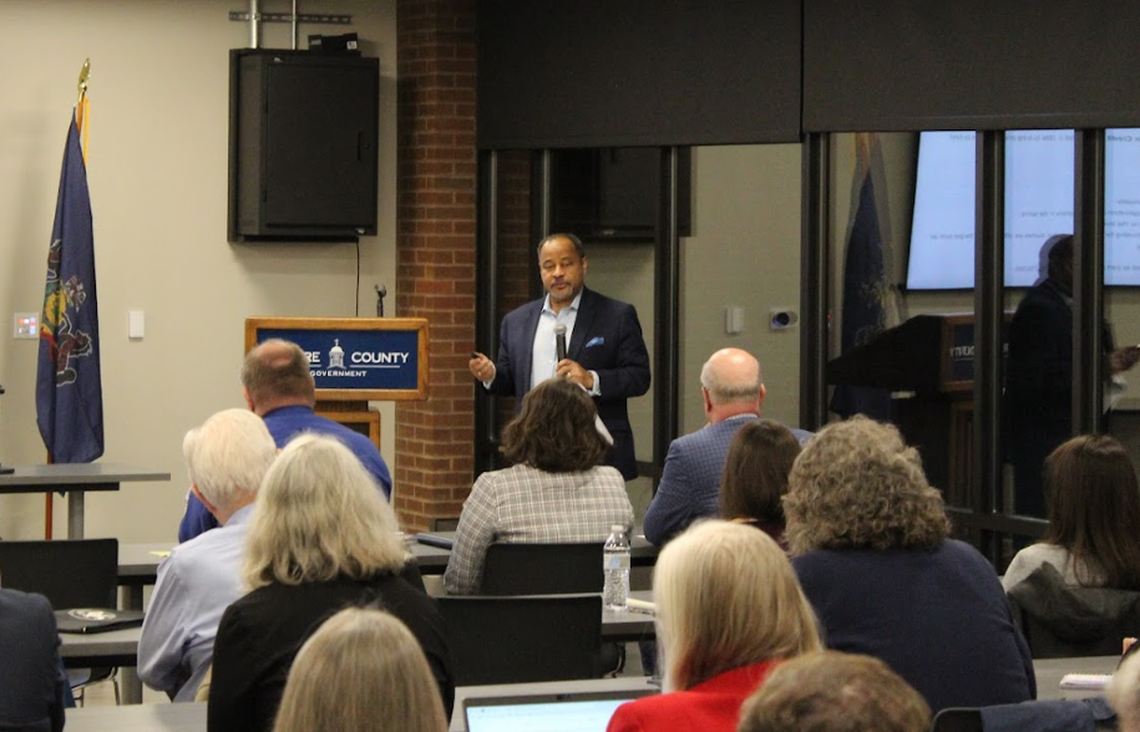 Former Pennsylvania Housing Finance Agency CEO Brian Hudson speaks at the Centre County Housing Summit on Wednesday, March 4, 2026.