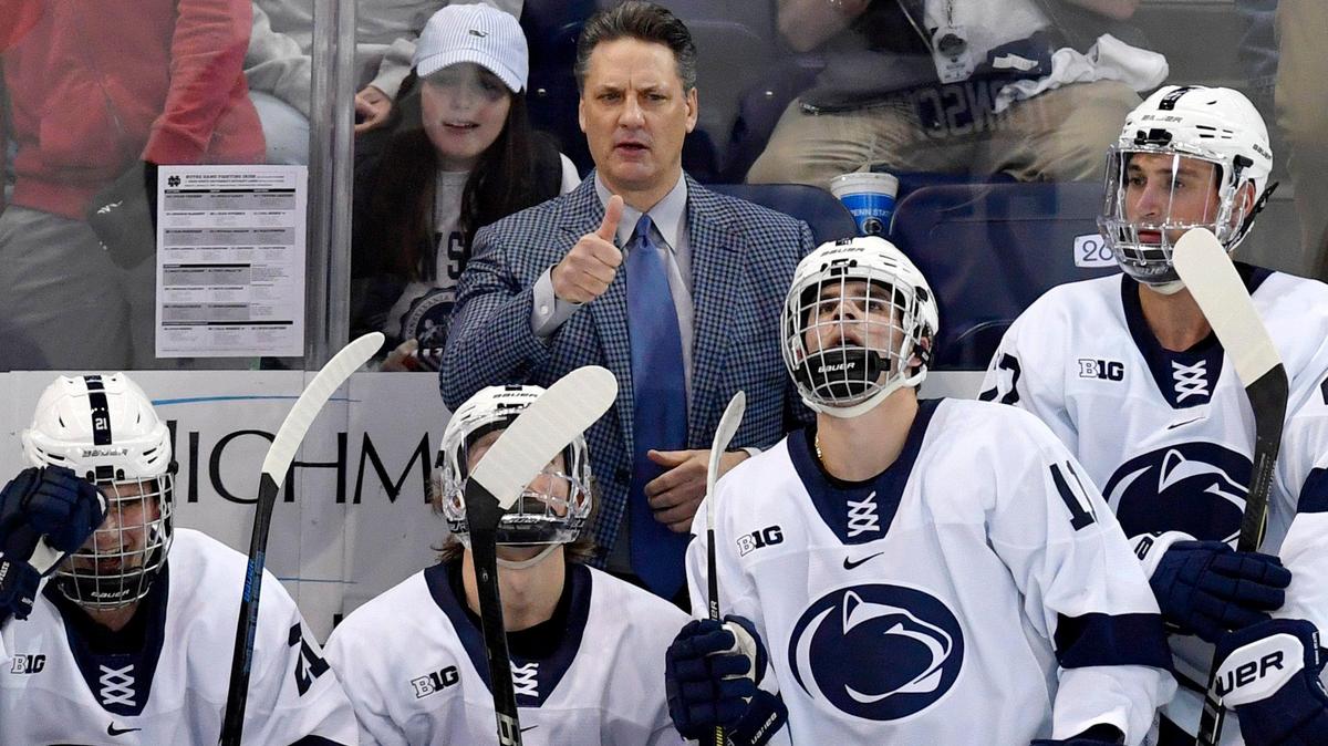 Penn State men’s hockey coach Guy Gadowsky, pictured in 2020, and the Nittany Lions are set to host a talented Michigan team on Thursday and Friday.
