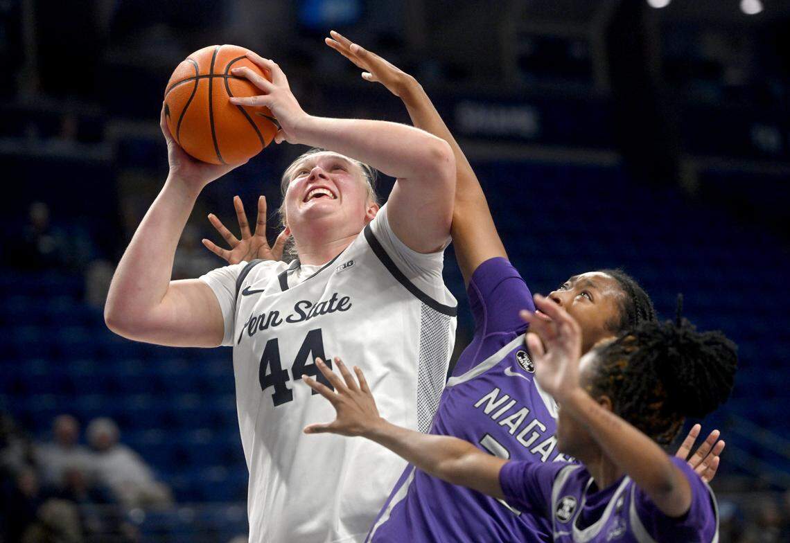 After deciding not to transfer to Maryland and remaining at Penn State, former Bullitt East star Gracie Merkle (44) is averaging 19.5 points, 8.5 rebounds, 2.5 assists and 1.8 blocks and shooting 65.4% for the Nittany Lions.