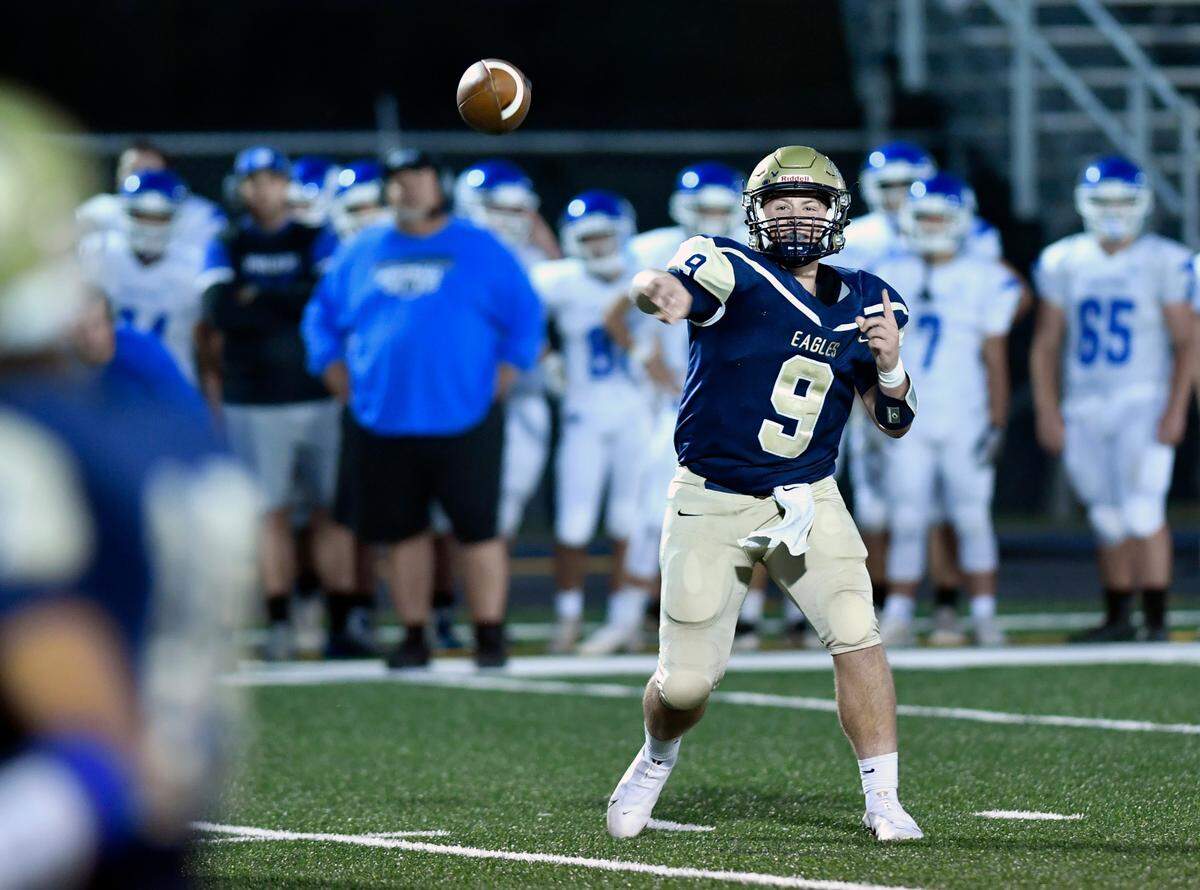 Bald Eagle Area’s Carson Nagle makes a pass during the game against North Penn-Mansfield on Friday, Sept. 10, 2021.