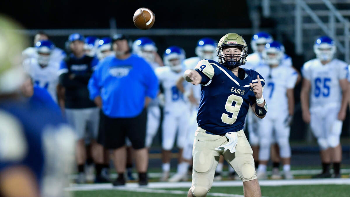 Bald Eagle Area’s Carson Nagle makes a pass during the game against North Penn-Mansfield on Friday, Sept. 10, 2021. Bald Eagle Area won, 50-7.