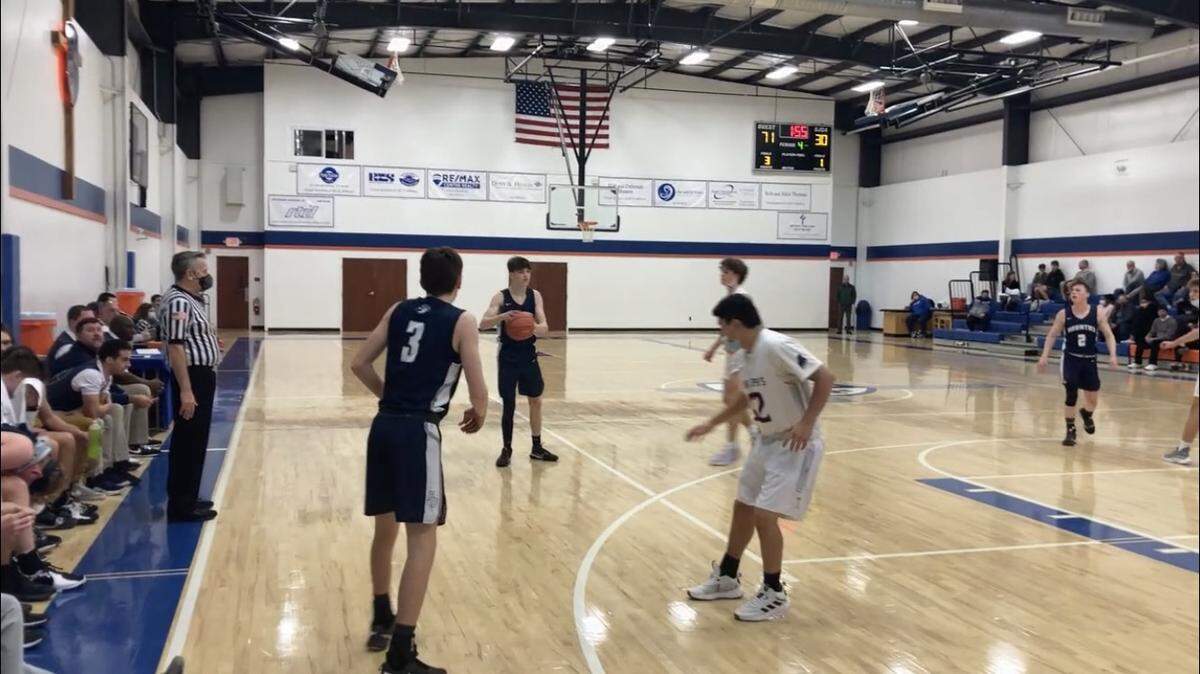 Philipsburg-Osceola boys basketball’s Lucas Peterson (3) awaits a pass with the Mounties controlling a lead against Saint Joseph’s Catholic.