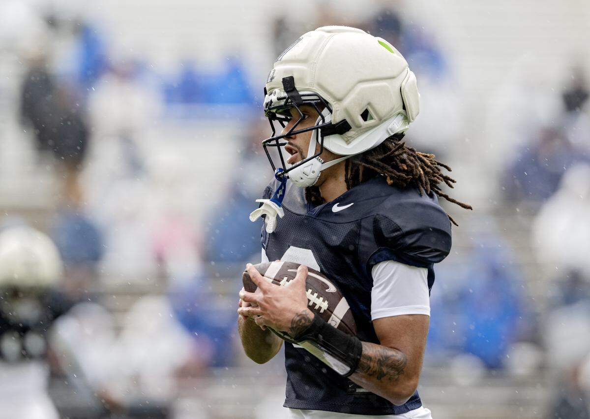 Penn State wide receiver Karon Brookins makes a catch during Blue-White Practice on Saturday, April 25, 2026.