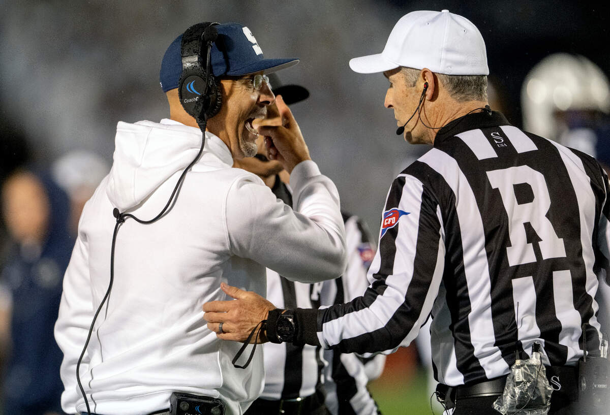 Penn State football coach James Franklin yells at the referee about the punter being hit during the game against Iowa on Saturday, Sept. 23, 2023.