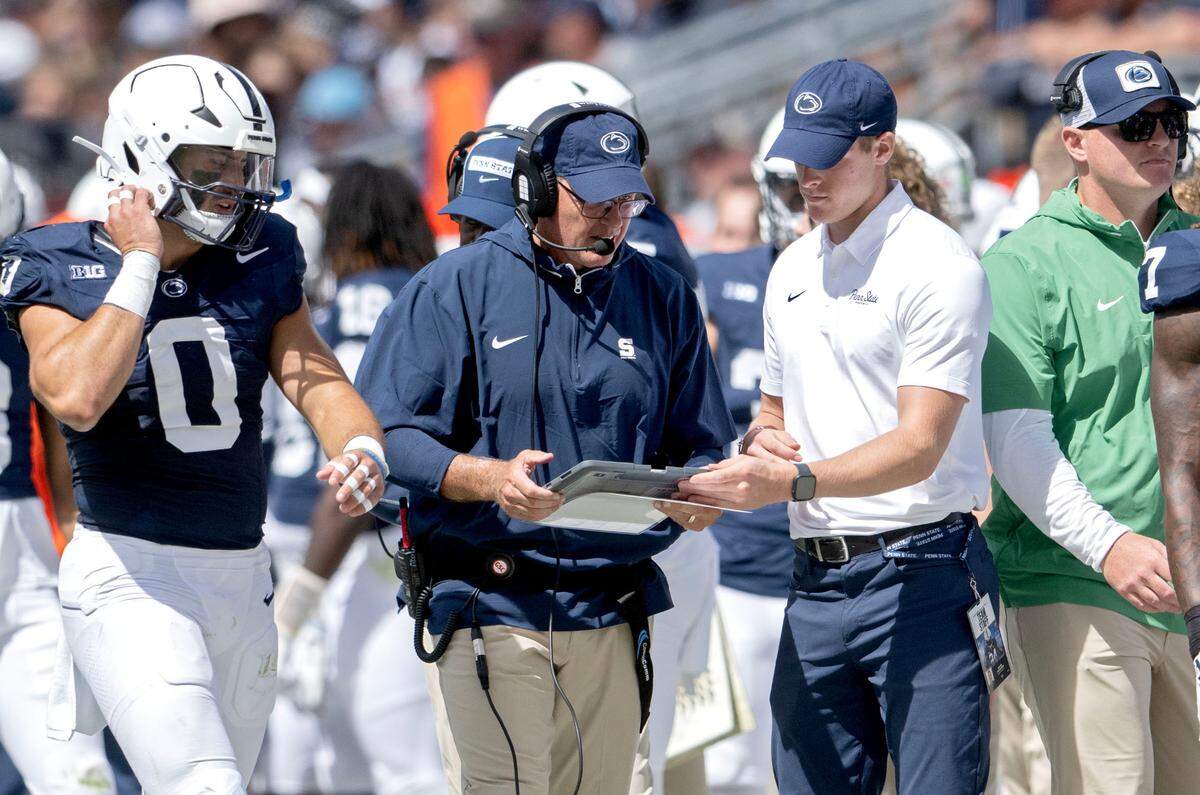 Penn State defensive coordinator Tom Allen watches a play as defenders come of the field after a Bowling Green touchdown during the game on Saturday, Sept. 7, 2024.