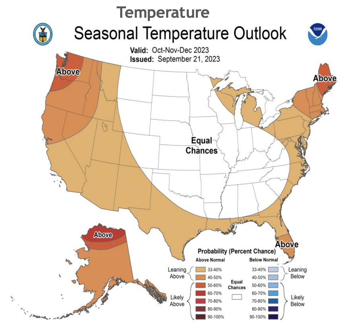 The latest seasonal temperature outlook from the National Oceanic and Atmospheric Administration’s Climate Prediction Center suggests Pennsylvania is leaning toward observing above-average temperatures in late fall and early winter.