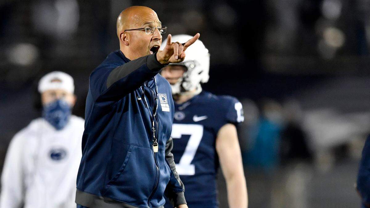 Penn State football coach James Franklin yells to his players during practice on Friday, April 23, 2021 at Beaver Stadium.