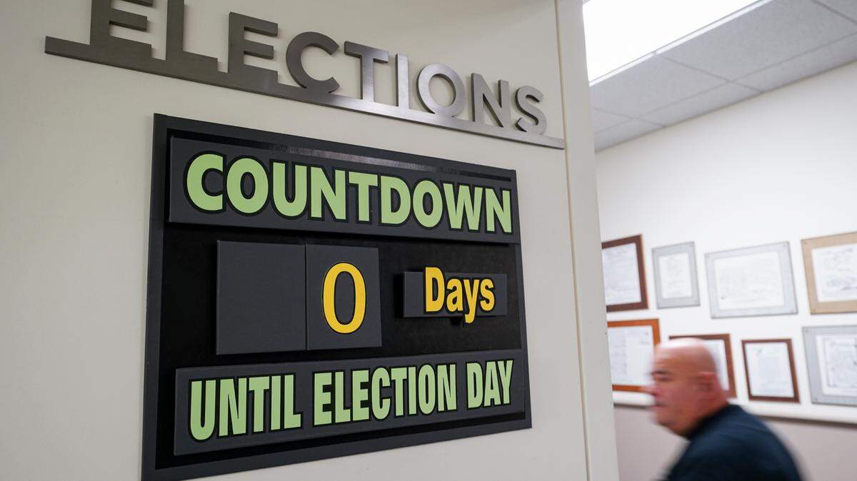A sign displayed in the hallway at Northampton County Courthouse in Easton, Pennsylvania, on primary Election Day 2024.