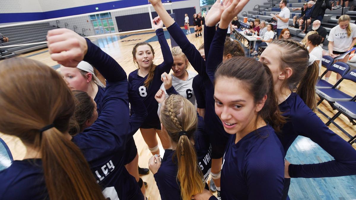 The Penns Valley girls volleyball team huddles before a game against Clearfield in the new gymnasium Tuesday, Sept.11, 2018 at Penns Valley High School.