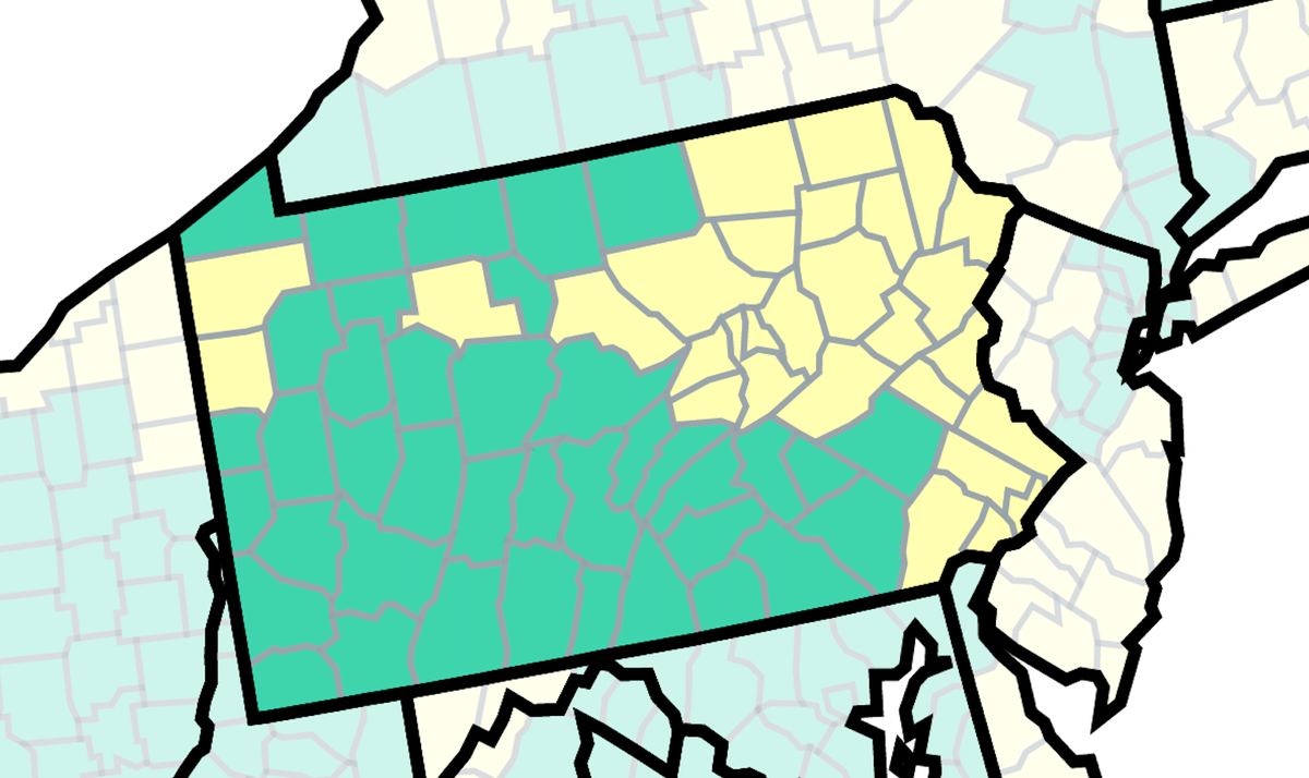 This map of Pennsylvania from the U.S. Centers for Disease Control and Prevention show COVID-19 community levels by county as of Feb. 17, 2023. Those at medium are yellow, and those at low are green. This is the third straight week no counties in Pennsylvania have been scored at high, orange.