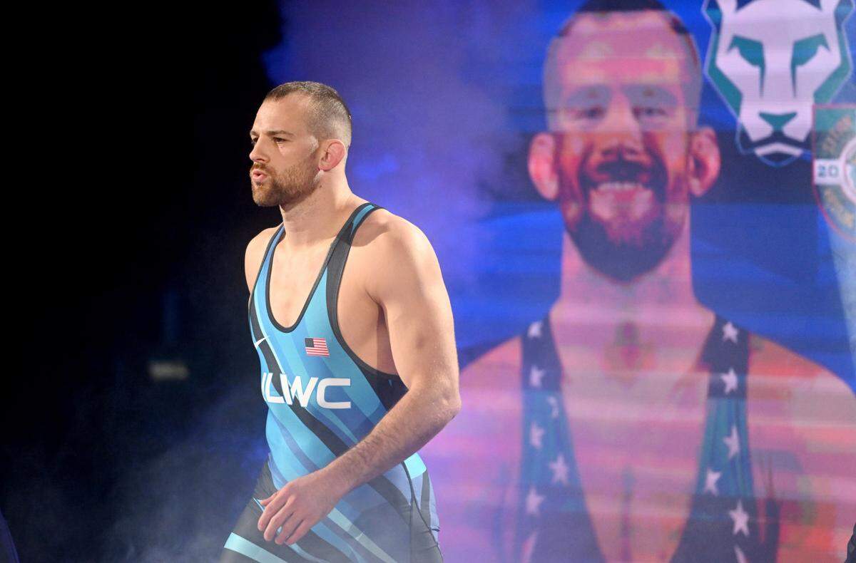 David Taylor comes out for second bout against Aaron Brooks at 86 kg during the U.S. Olympic Team Trials at the Bryce Jordan Center on Saturday, April 20, 2024.