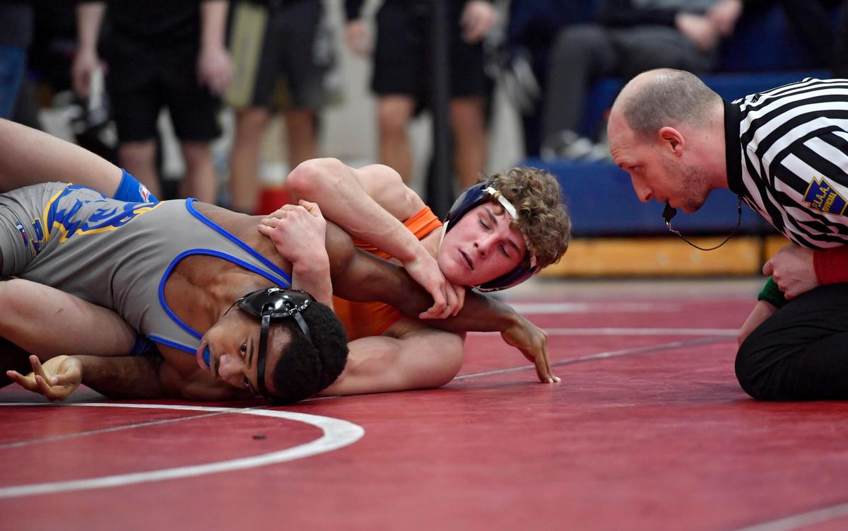 Saint Joseph’s Keegan Rothrock controls Bellwood Antis’ Alex Taylor in a 160 lb quarterfinal bout at the West Branch Ultimate Warrior on Friday, Jan. 24, 2020. Rothrock won by major decision, 9-0.
