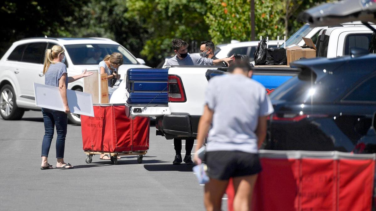 Penn State freshmen unload cars to move into the dorms in East Halls on Monday, Aug. 17, 2020. Most on-campus arrivals will occur this year between Friday and Saturday.