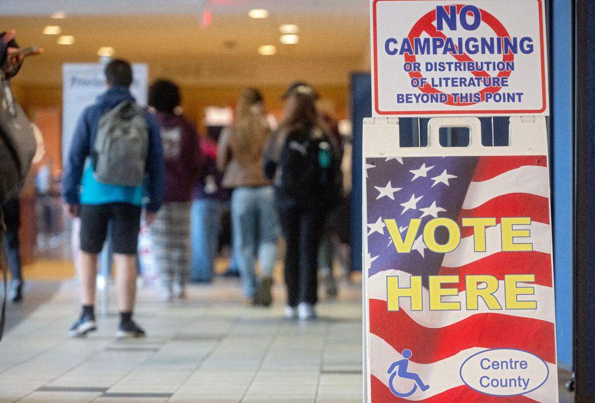Voters line up at the HUB-Robeson Center on the Penn state campus on Election Day, Tuesday, Nov. 5, 2024.