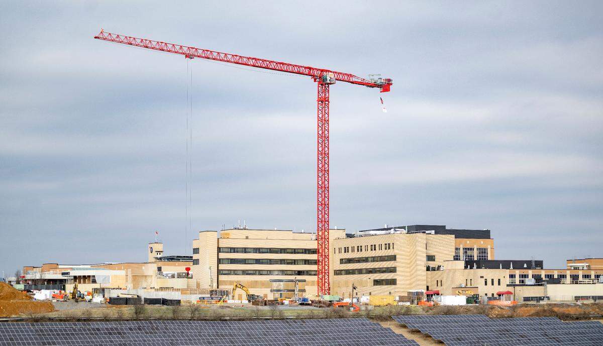 A large crane has been set up for construction at Mount Nittany Medical Center on Thursday, Feb. 1, 2024.