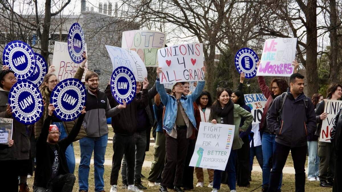 Graduate students at Penn State who want to unionize held a rally at Old Main on March 4, 2025.