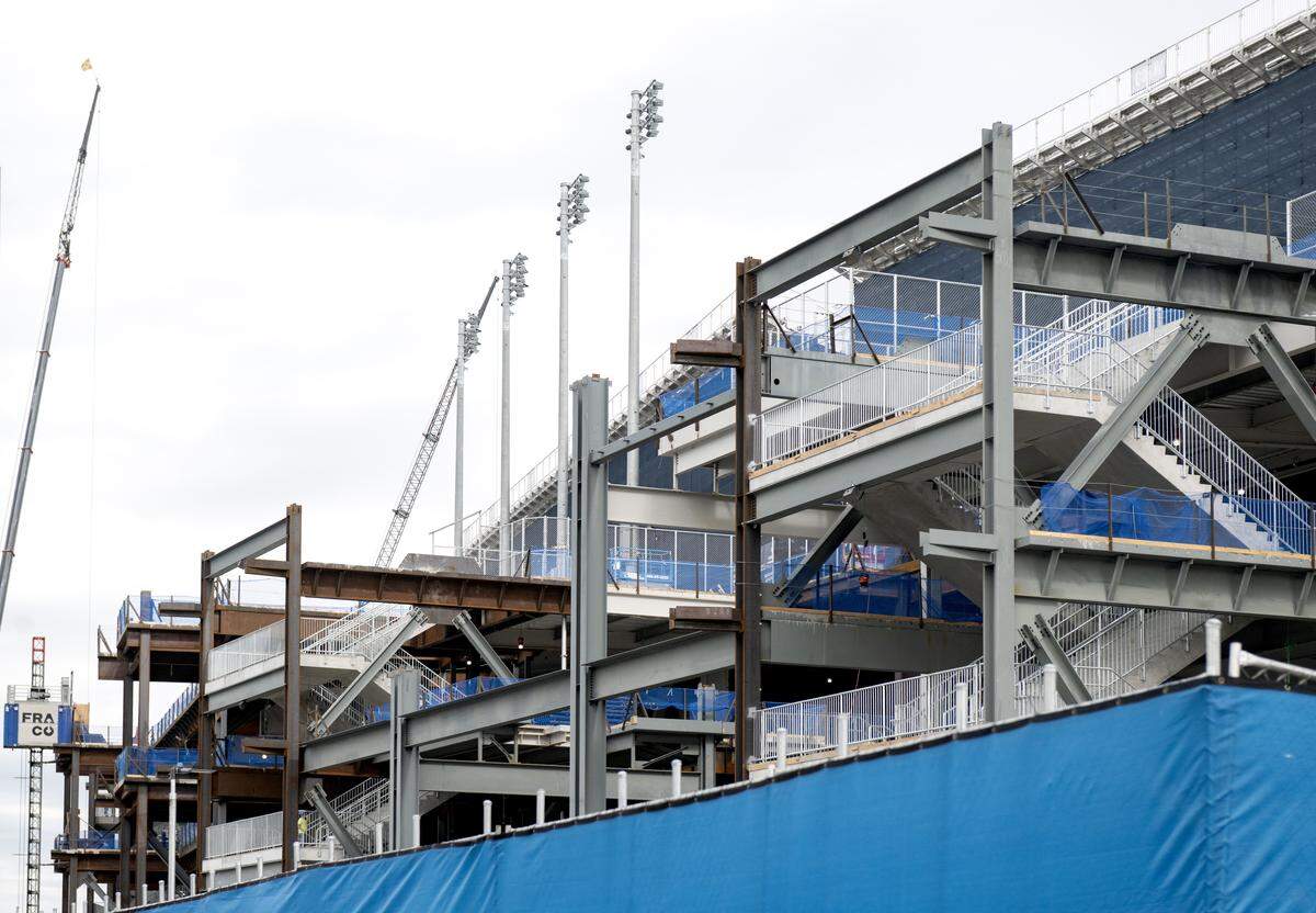 Construction crews work on the west side of Beaver Stadium on Tuesday, Aug. 19, 2025.  