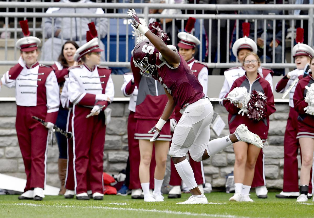 State College’s Isaiah Edwards celebrates his touchdown in the game against Cumberland Valley at Beaver Stadium Classic on Saturday, Oct. 26, 2019.