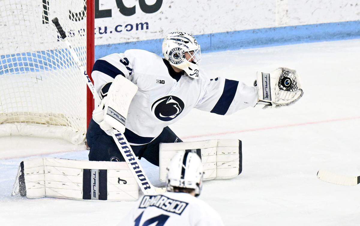 Penn State's Josh Fleming makes a save during the game against Minnesota on Wednesday, March 11, 2026 at Pegula Ice Arena.  