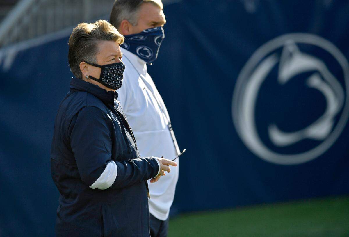 Penn State Athletic Director Sandy Barbour watches the football team warm up for the game against Michigan State on Saturday, Dec. 12, 2020 at Beaver Stadium. 