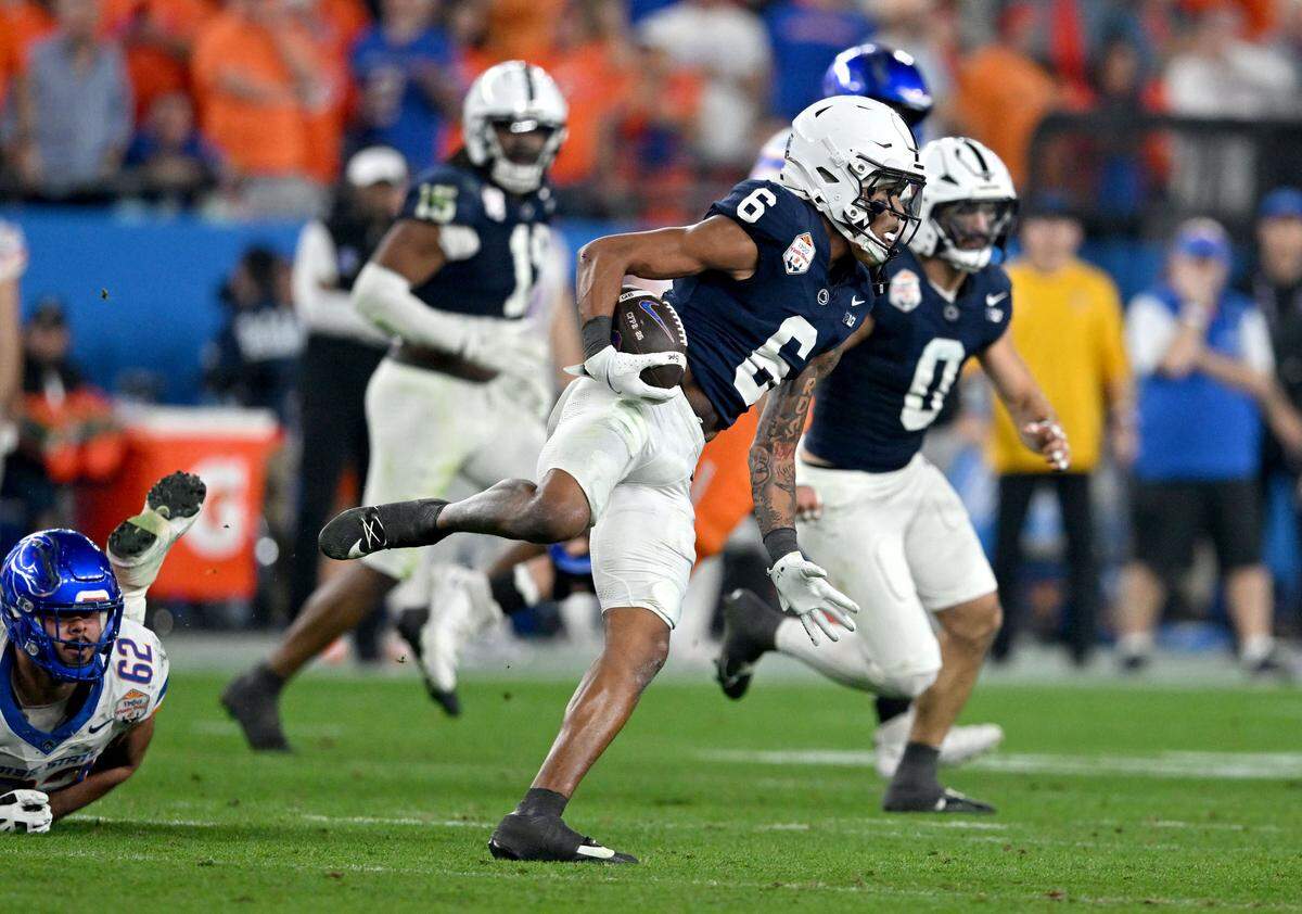 Penn State safety Zakee Wheatley intercepts the ball during the Fiesta Bowl against Boise State on Tuesday, Dec. 31, 2024 at State Farm Stadium.