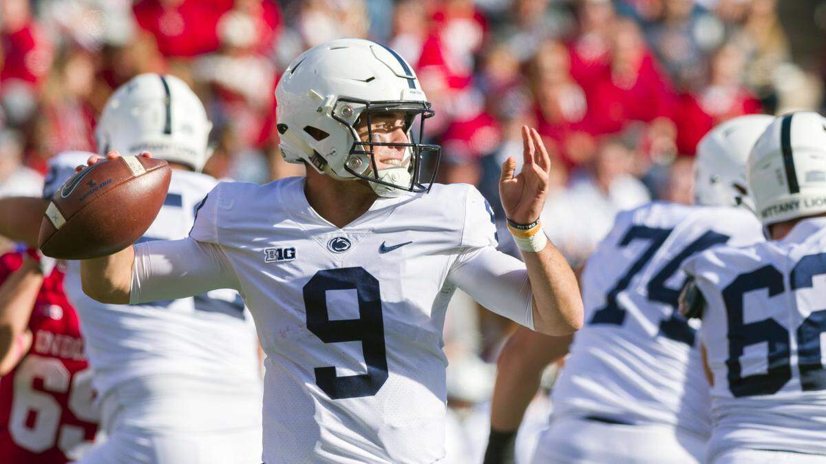Penn State quarterback Trace McSorley (9) draws back to pass out of the backfield during the first half of a game against Indiana Saturday, Oct. 20, 2018, in Bloomington, Ind. (AP Photo/Doug McSchooler)
