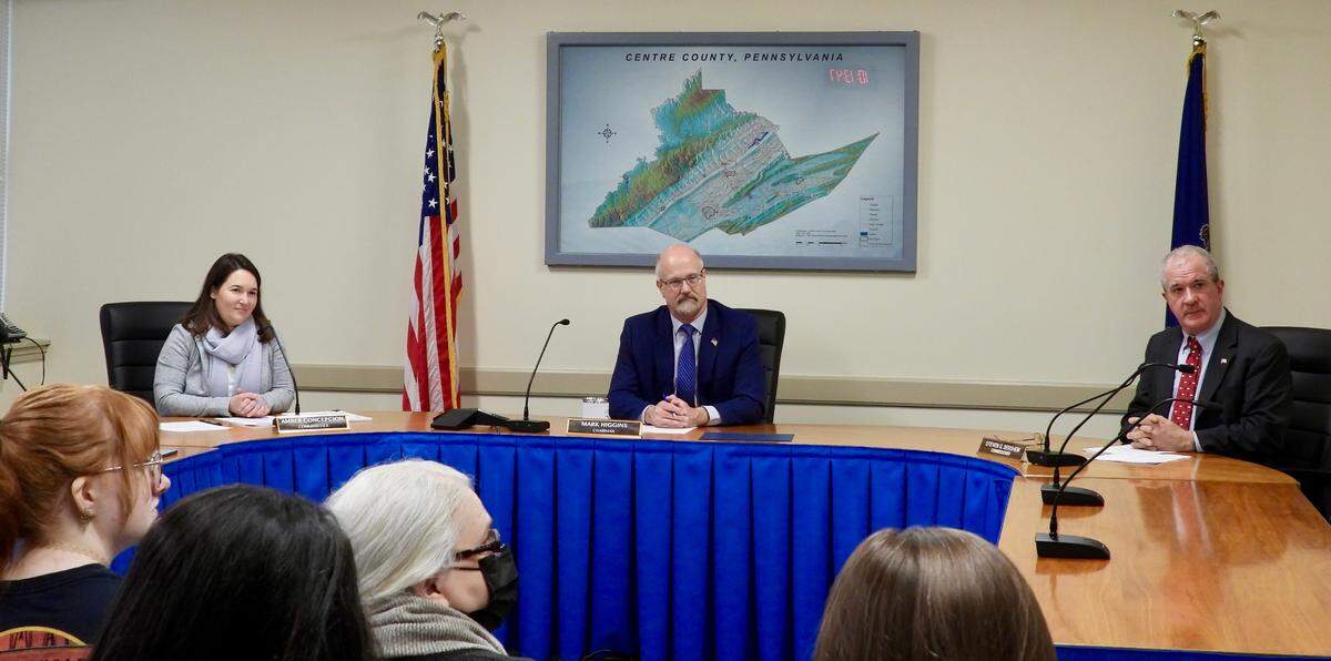 The Centre County board of commissioners, Amber Concepcion (left), Mark Higgins and Steve Dershem, during a meeting Jan. 24.