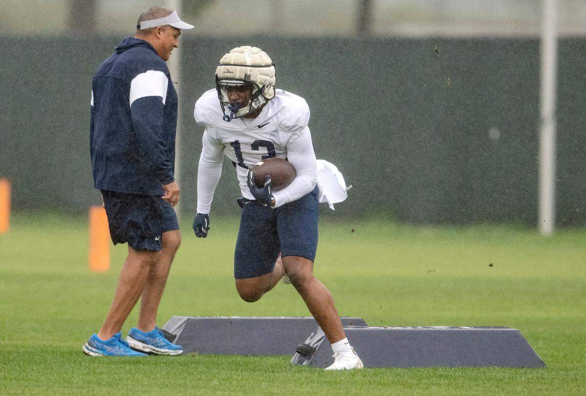 Penn State running back Kaytron Allen runs a drill during practice for the Rose Bowl on Friday, Dec. 30, 2022 at Dignity Health Sports Park.