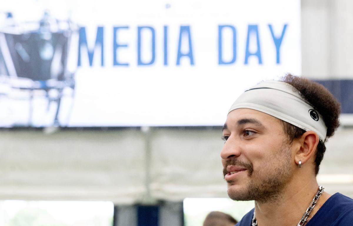 Penn State wide receiver Julian Fleming answers questions during media day on Saturday, Aug. 3, 2024.