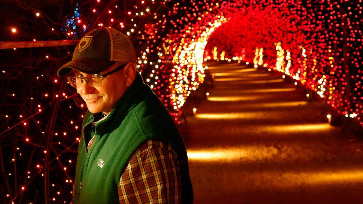 Longwood outdoor landscape manager Troy Sellers is responsible for the 200 foot tunnel of lights in the Meadow Garden at A Longwood Christmas at Longwood Gardens in Kennett Square, Pa. on Nov. 18, 2021. A Longwood Christmas is on view at Longwood Gardens November 19-January 9.