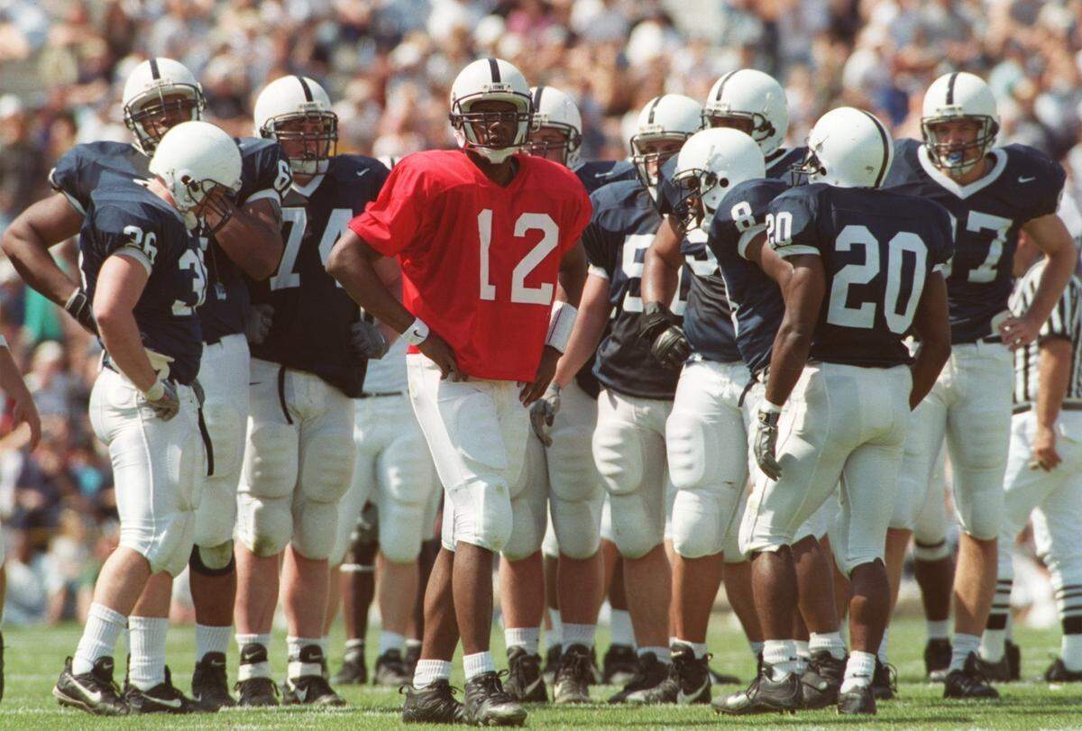 Penn State quarterback Rashad Casey looks up at the clock between first and second quarters during the 2000 Blue-White game.