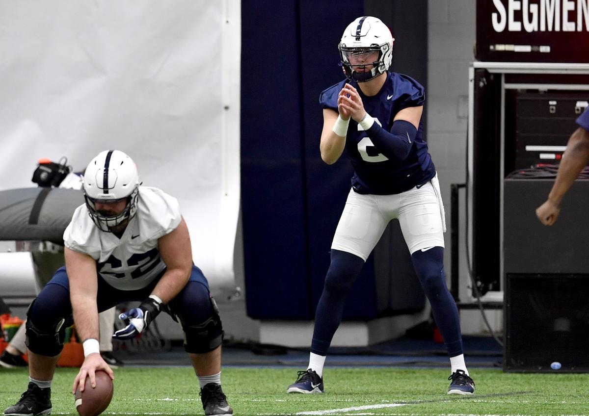 Penn State quarterback Tommy Stevens waits for the snap as he warms up for the first spring football practice on Wednesday, March 13, 2019.