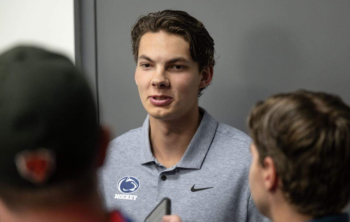Penn State men’s hockey player Mac Gadowsky answers questions during media day on Monday, Sept. 29, 2025.