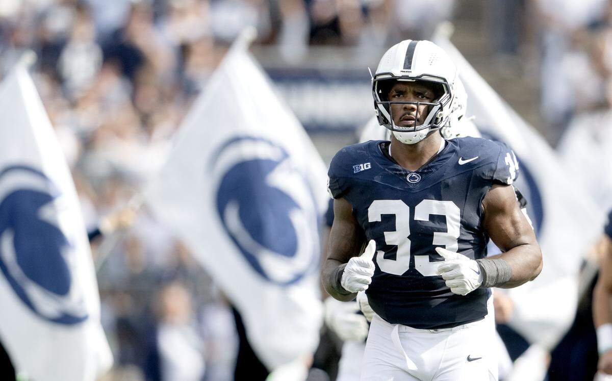 Penn State defensive end Dani Dennis-Sutton runs onto the field for the game against Villanova on Saturday, Sept. 13, 2025.  