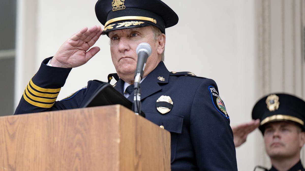 State College police Chief John Gardner salutes as taps is played during the 2025 Centre County Peace Officers Memorial Ceremony on Wednesday, May 14, 2025 outside the Centre County Courthouse. 