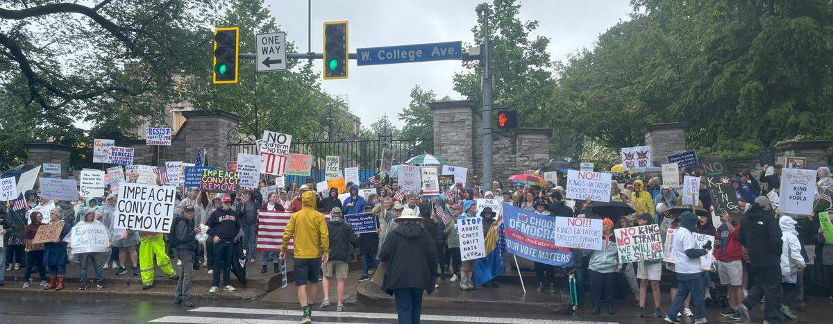 Hundreds of protesters attended the anti-Trump “No Kings” rally on Saturday in downtown State College near the Allen Street gates. The rally was part of a nationwide series of demonstrations that railed against what organizers described as President Donald Trump’s executive overreach, immigration crackdowns/civil rights violations, cuts to essential services, etc.