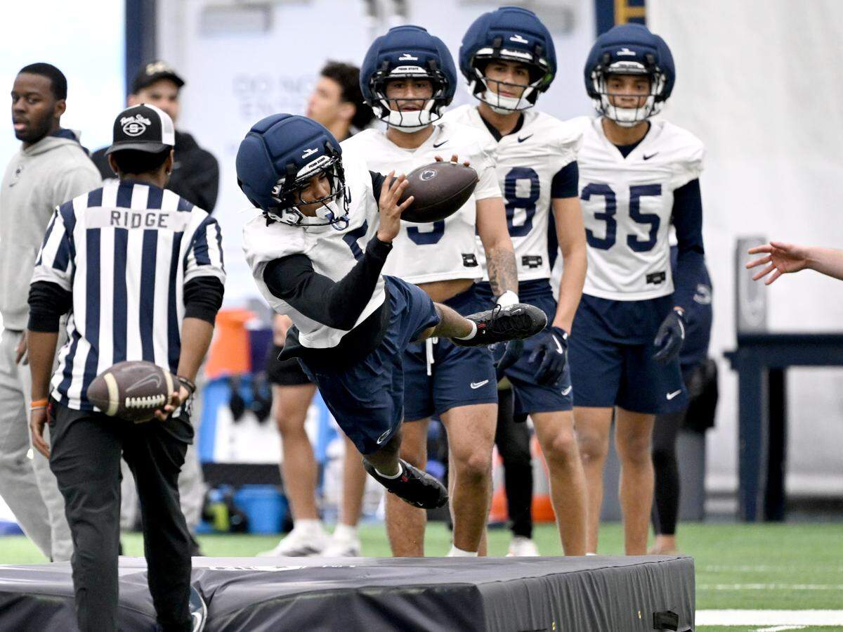 Penn State cornerback Daryus Dixson runs a drill during spring practice on Thursday, March 26, 2026.