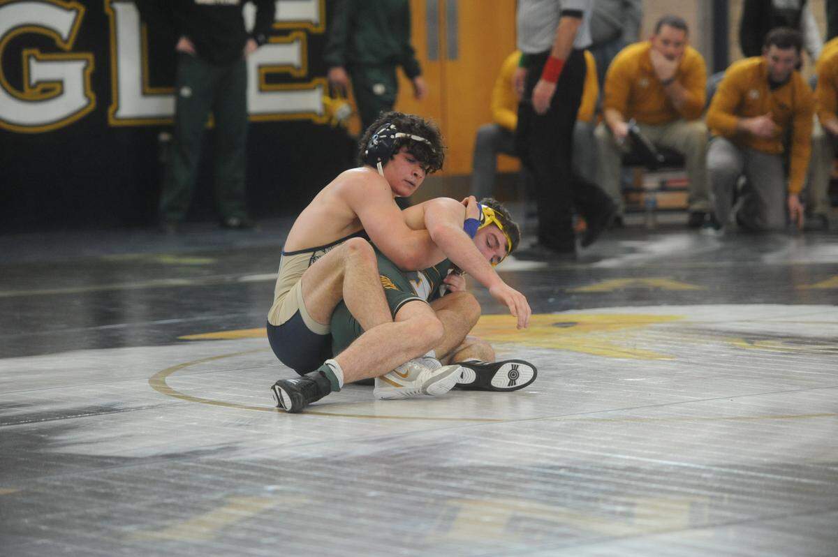 Bald Eagle Area’s Caleb Close controls Forest Hills’ Dustin Flinn in their 172-pound bout of the Eagles’ 32-30 loss in the District 6 Class 2A semifinals on Saturday, Feb. 5, 2022. Close beat Flinn 6-1.