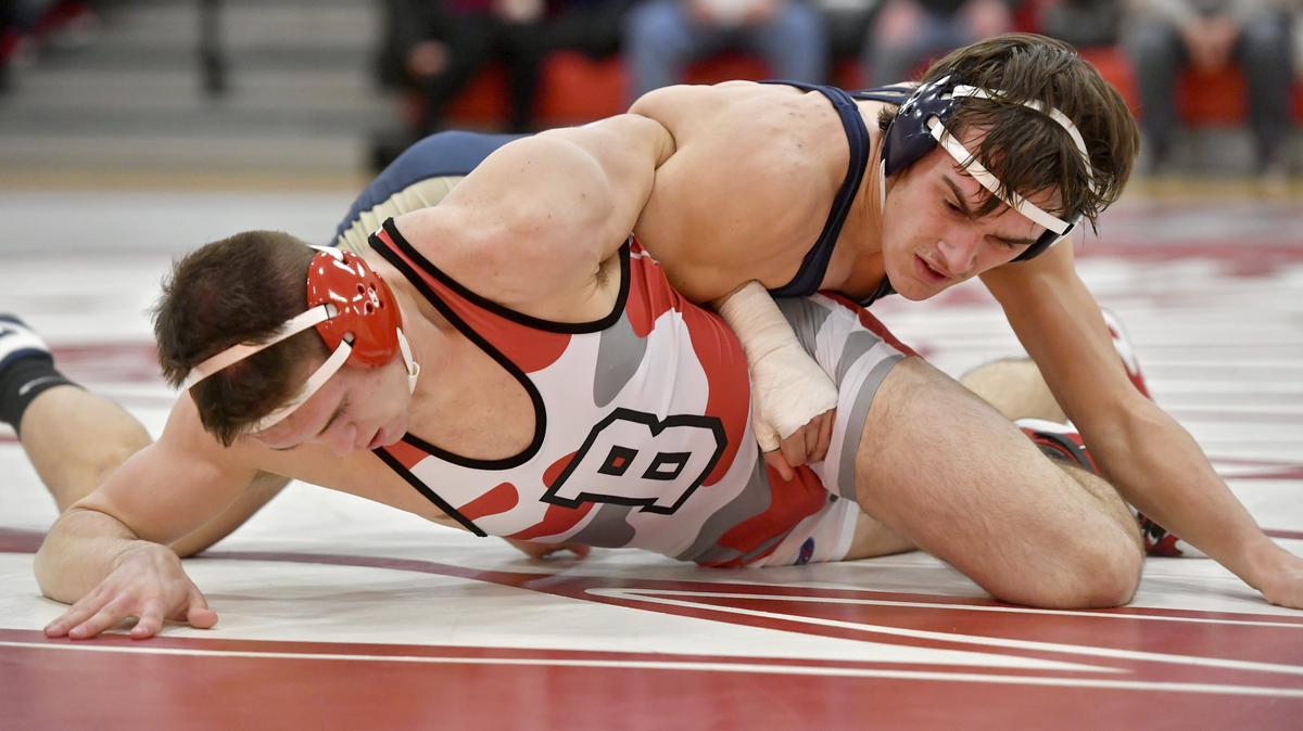 Bald Eagle Area’s Dylan Bisel controls Bellefonte’s Kyle Myers in the 195 lb bout during the match on Tuesday, Jan. 22, 2019. Bisel won be decision, 12-6.