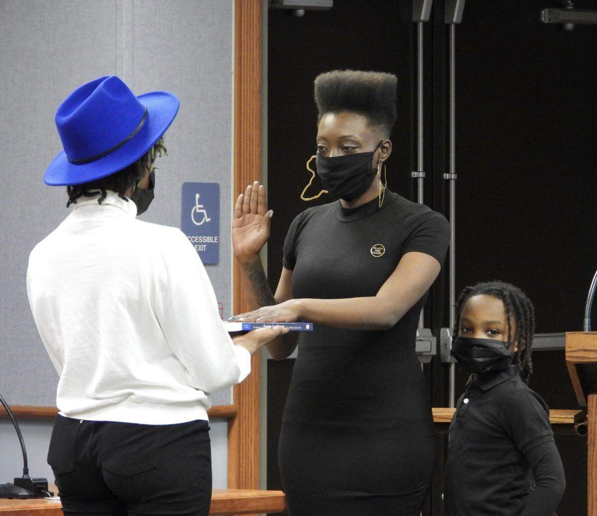 Tierra Williams is sworn in as a Ferguson Township supervisor on Monday. The meeting marked the first time in the township’s 220-year history it had an all-female board of supervisors.