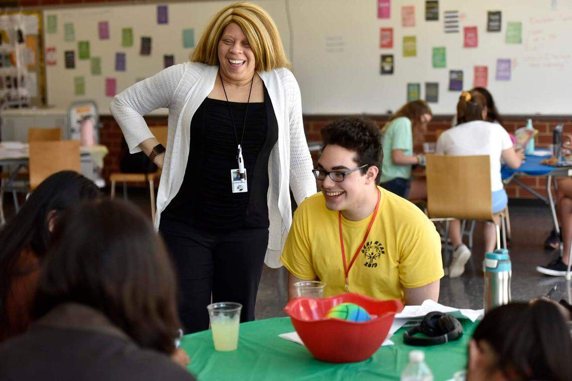 Seria Chatters, State College Area School District’s equity and inclusivity director, talks with students during the State High Social Justice Summer Institute on June 26, 2019.