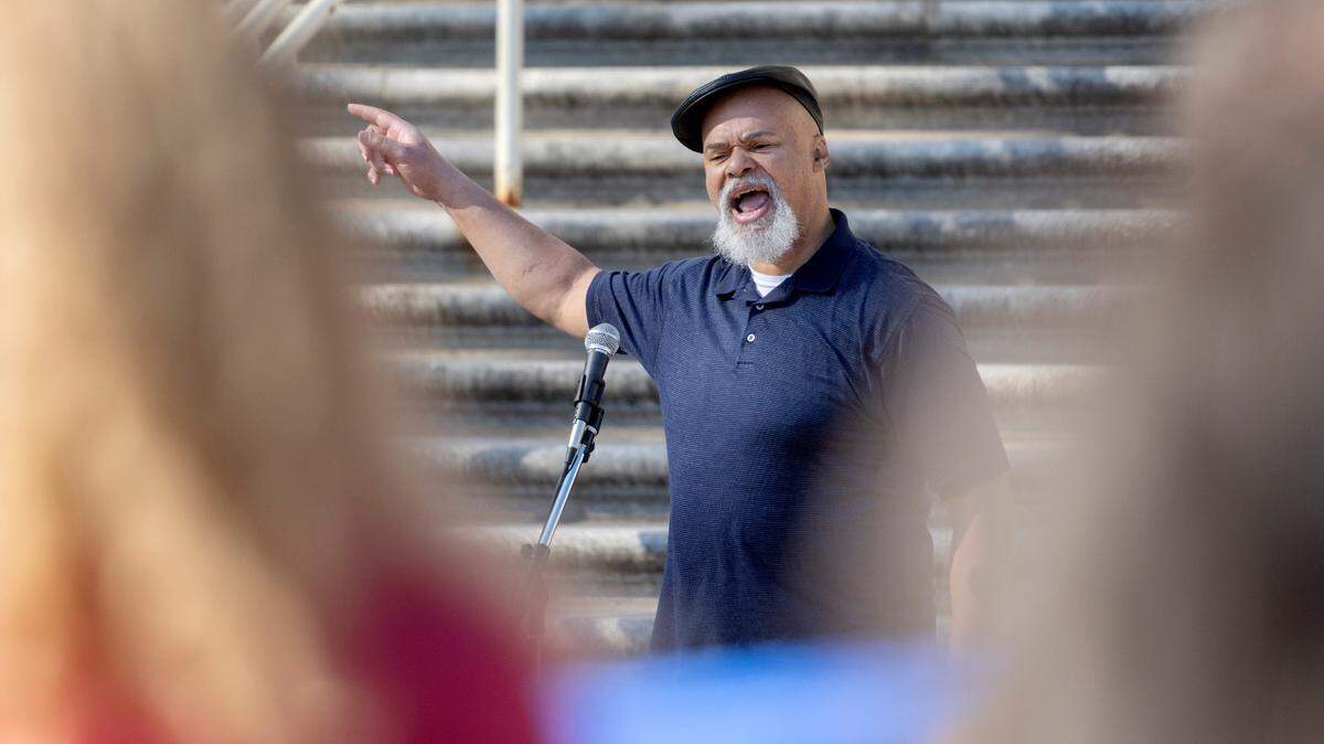 Errol Henderson speaks during the “We Believe in Anti-Racism and Racial Justice at Penn State” rally outside of Old Main on Nov. 3, 2022.