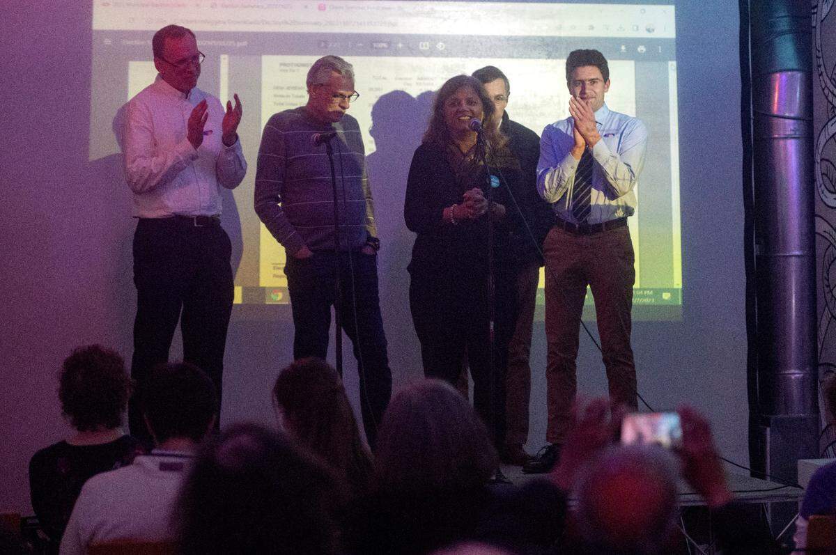 Nalini Krishnankutty and fellow State College Borough Council Democratic candidates thank supporters during the Centre County Democrats' Election Night party on Tuesday, Nov. 7, 2023 at 3 Dots Downtown.
