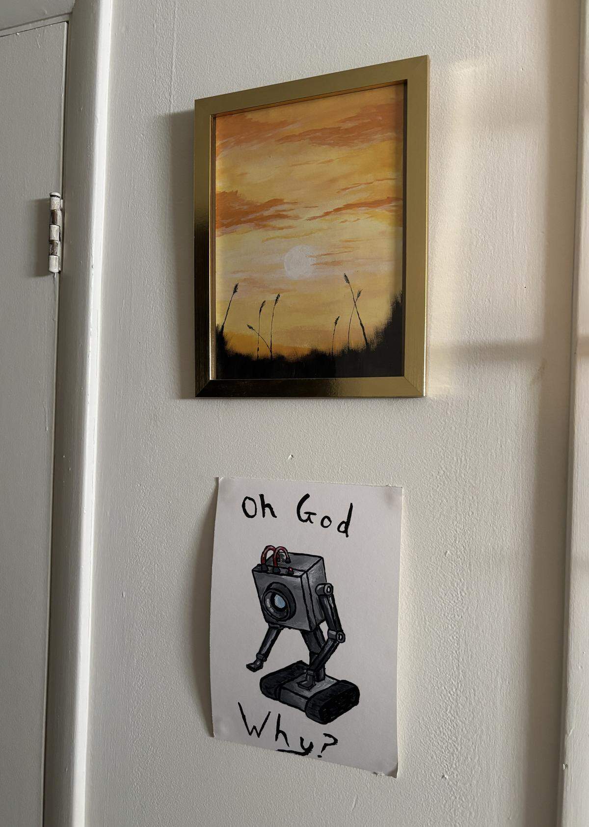A closer look at two paintings that Matthew Hollingham and Lovisa Arnesson-Cronhamre painted together on a past date night, with Lovisa’s on the top. Lovisa died in 2023 from a hit-and-run driver; Matthew is about to start a 3,500-mile triathlon in her memory.