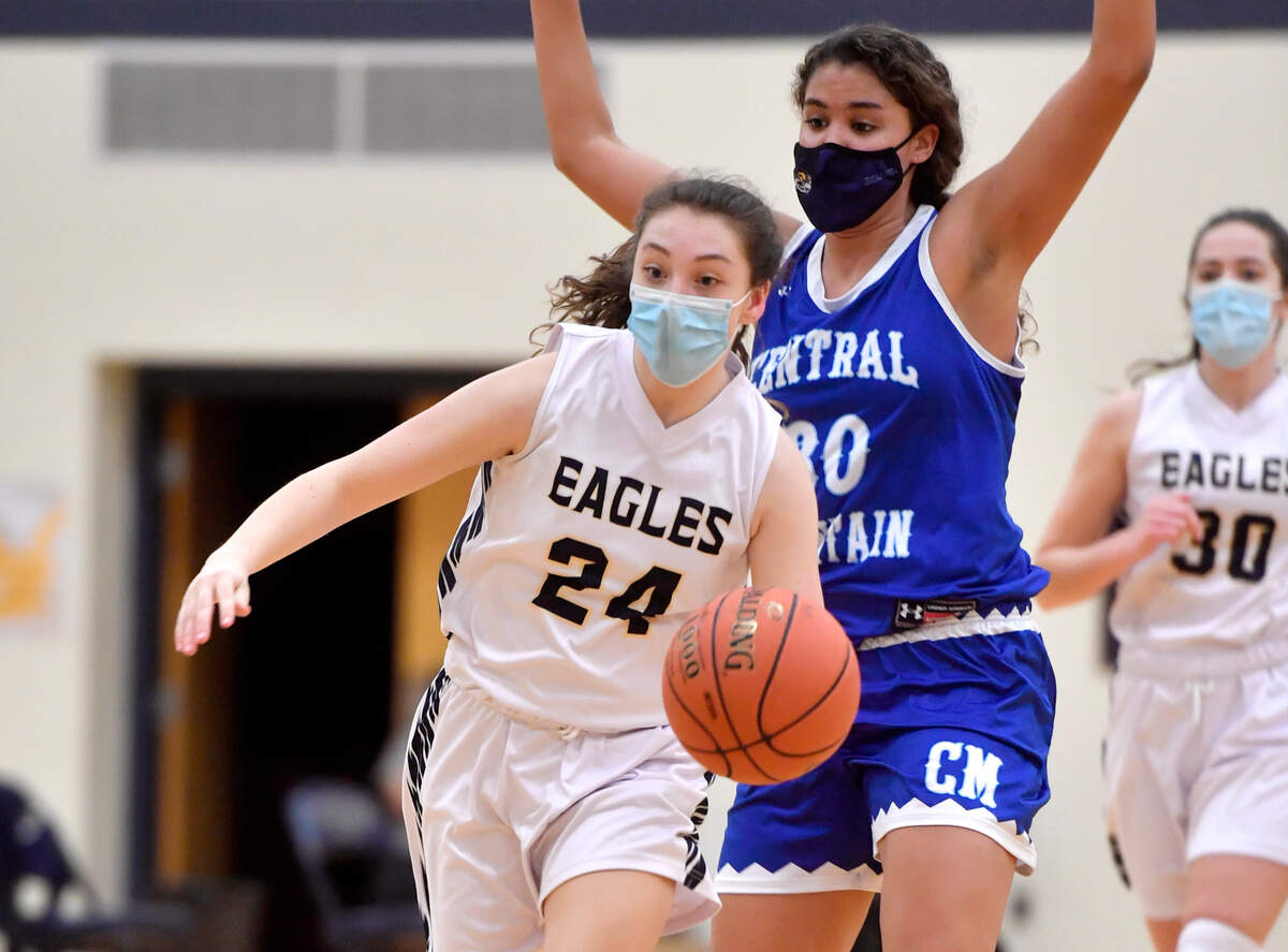 Bald Eagle Area’s Abby Hoover dribbles down the court with the ball ahead of a Central Mountain defender during the game on Thursday, Jan. 28, 2021.