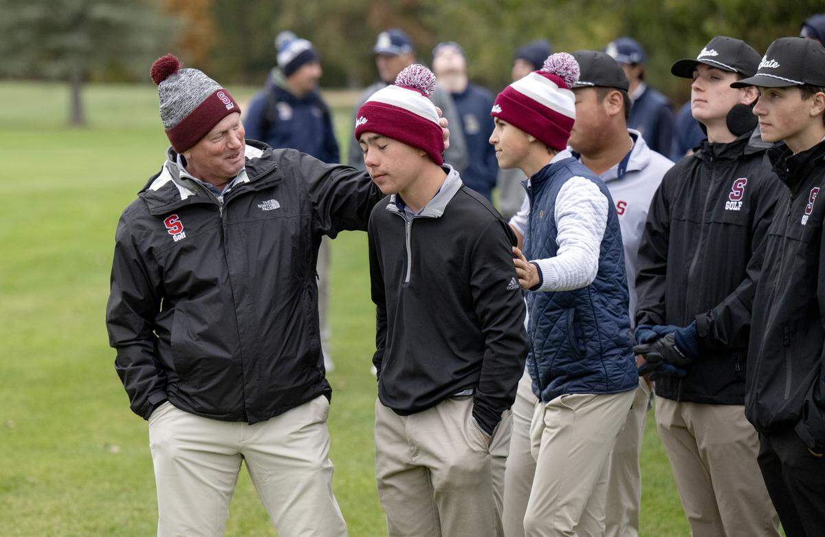 State College boys golf coach Greg Wilson talks to players after the team tied for second in the PIAA Class 3A golf team championships on Wednesday, Oct. 22, 2025.  