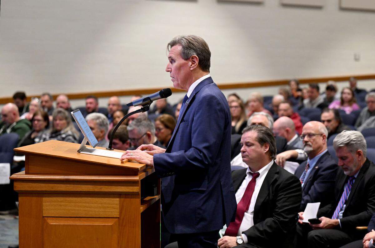 State Rep. Paul Takac, D-College Township, encourages officials to keep Rockview state prison open during the Pennsylvania Department of Corrections’ public hearing on the proposed closure of the facility on Tuesday, April 15, 2025 in the auditorium of Bald Eagle Area Middle School and High School.