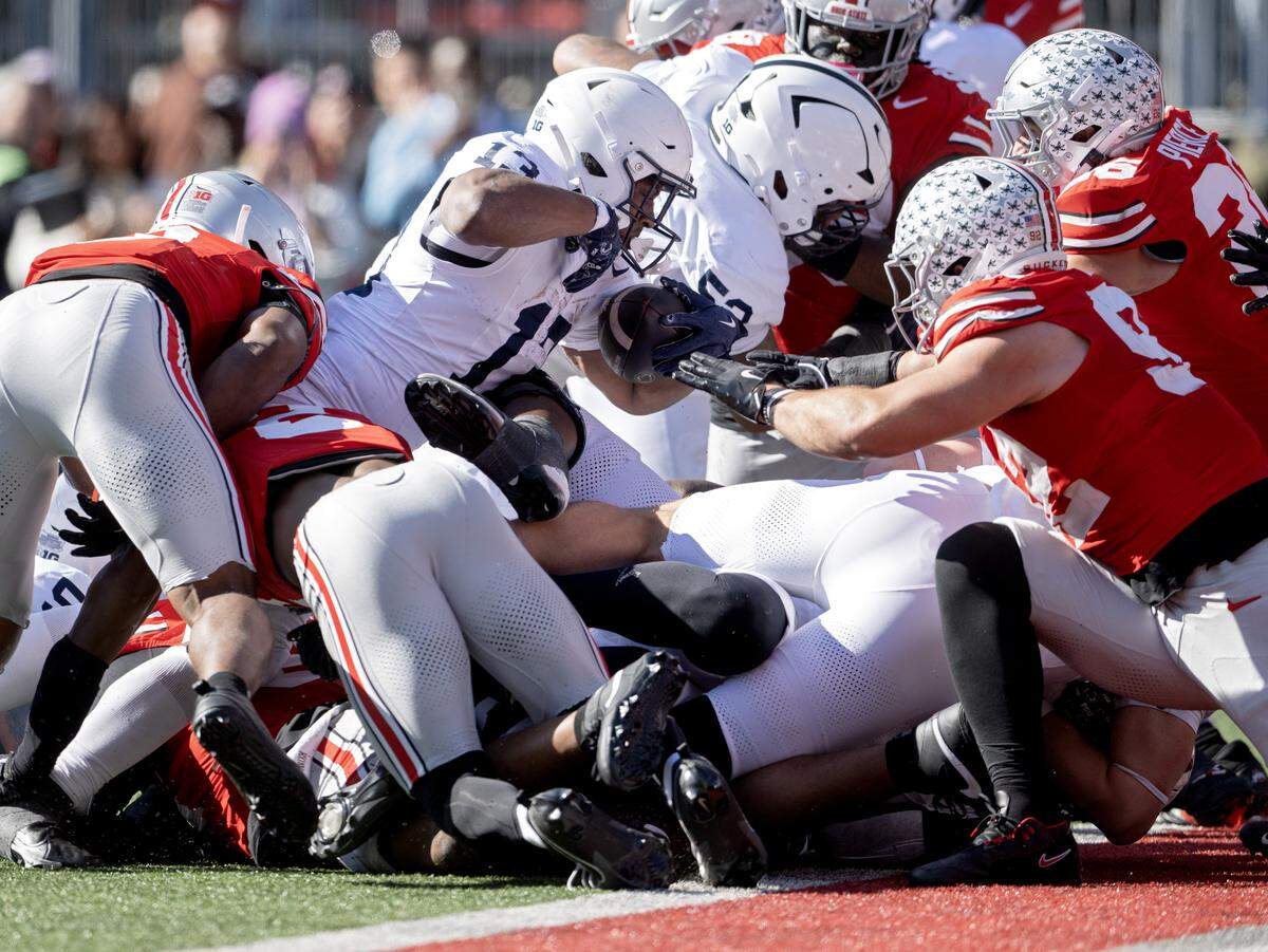 Penn State running back Kaytron Allen dives into the end zone for a touchdown during the game against Ohio State on Saturday, Nov. 1, 2025. 