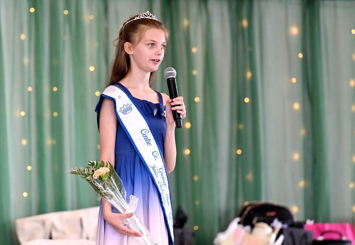 Junior Ambassador Haylee Swoope shares her favorite thing about the fair during the 2025 Centre County Grange Fair Queen coronation on Wednesday, Aug. 13, 2025. 