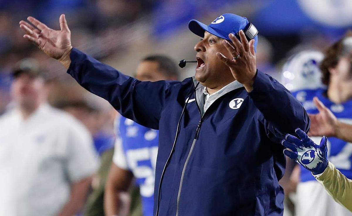 PROVO, UT - NOVEMBER 15: Head Coach Kalani Sitake of the Brigham Young Cougars reacts to a call during the second half of their game against the Texas Christian University Horned Frogs  at LaVell Edwards Stadium on November 15, 2025 in Provo, Utah. (Photo by Chris Gardner/Getty Images)